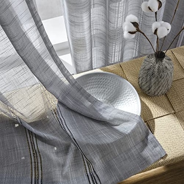 Maison Colette Gray Luxurious Natural Linen Texture Stripe Curtains for Living RoomBedroom Light Filtering Short Semi Sheer Window Treatments Drapes2 Panels 52 W x 63 LGrey