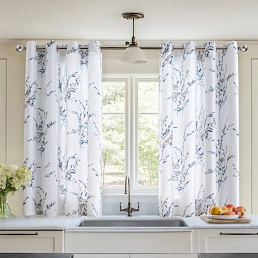 MYSKY HOME Floral Curtains 45 inch Long Thermal Insulated Light Filtering Soft Curtains for Bedroom Bathroom Grommet Top Leaf Flower Drapes 2 Panels Navy Blue