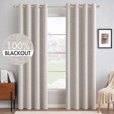 MIULEE 100 Blackout Linen Textured Curtains for Bedroom Solid Thermal Insulated Ivory Grommet Room Darkening Curtains Drapes Luxury Decor for Living Room 52 x 108 Inch 2 Panels