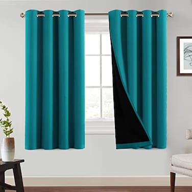 PrinceDeco 100 Blackout Window Curtain Panels Heat and Full Light Blocking Drapes with Black Liner for Nursery 63 inches Drop Thermal Insulated Draperies Blue 2 Pieces W52 x L63