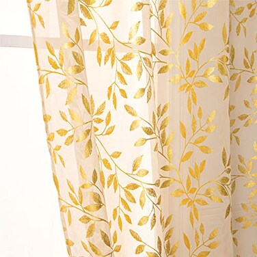 Deeprove Sheer Curtains 72 Inches Long 2 Panels Gold Foil Metallic Vine Leaves Print Window Treatments Pair for Christmas Xmas Decor Golden Bronzing Privacy Drapes Rod Pocket 52 W x 72 L Beige