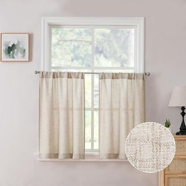 Tollpiz Linen Tier Curtain Rod Pocket Semi Sheer Half Kitchen Curtains Burlap Light Filtering Thick Linen Drape for Bathroom 30 x 36 inches Long Natural Set of 2 Panels