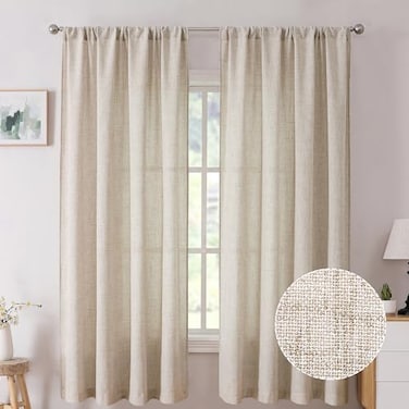 Tollpiz Short Linen Curtains Bedroom Rod Pocket Semi Sheer Curtain Burlap Light Filtering Thick Linen Drapes for Living Room 38 x 45 inches Long Natural Set of 2 Panels