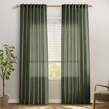 PANELSBURG Olive Green Linen Cotton Blend Curtains Earth Tone Light Filtering Lightweight Panels for Modern Natural Organic Living Space 84 Inch Length