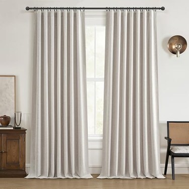 QJmydeco Black Out 96 Inch Long Boho Curtains 2 Panel Set Farmhouse Curtains for Living Room DarkeningThermalNoise Reduction Textured Flax Linen Drape 8ft HookRing Included Birch Off White 50x96