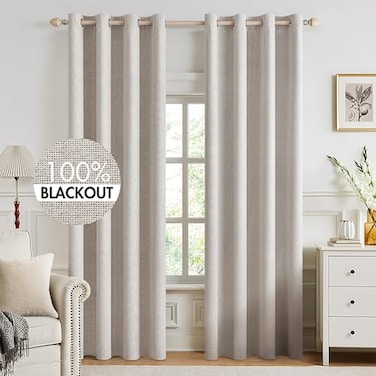 MIULEE 100 Blackout Linen Textured Curtains for Bedroom Solid Thermal Insulated Ivory Grommet Room Darkening Curtains Drapes Luxury Decor for Living Room 52 x 92 Inch 2 Panels