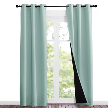 NICETOWN Aqua Blue Blackout Curtains 84 inches Long Full Light Blocking Drapes with Black Liner for Nursery Noise Reducing Thermal Insulated Draperies for Doorway 2 Pieces 37 Wide Each Panel
