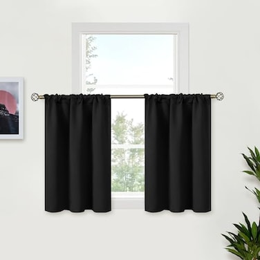 BGment Black Cafe Curtains 24 Inch Length 2 Panels Small Half Drapes with Rod Pocket Privacy Blackout Blinds for Bathroom Kitchen Window Over Sink 29 x 24 Inch