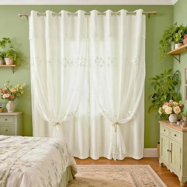 Amidoudou 1 Pair Double Layer Curtains with Valances for Living Room Flower Shaped Embroidered Curtains for Bedroom Beige54x84 Inch