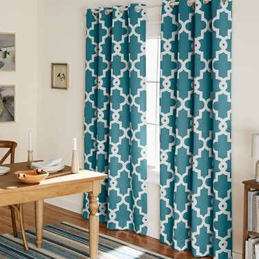 TOWN & TOWN COUNTRY EVERYDAY Ironwork Geo Trellis Sateen Indoor Curtains Room Darkening Blackout Grommet Top Energy Efficient 2Pack Set 52x96 Teal