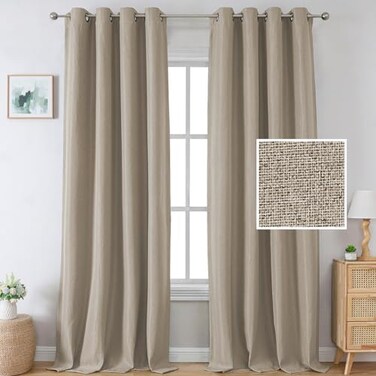H.VERSAILTEX HVERSAILTEX Linen Blackout Curtains 96 Inch Linen Textured Room Darkening Curtain for Bedroom Boho Rustic Farmhouse Decor Burlap Curtains Grommet Linen Curtain Drapes 2 Panels Heather Lig