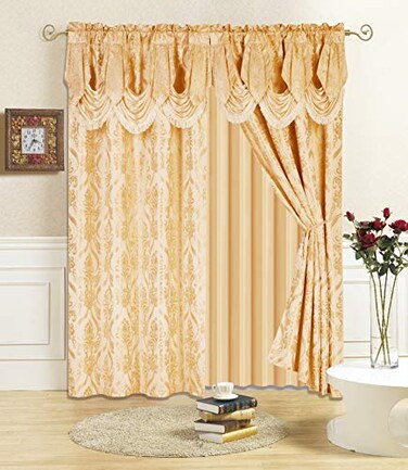 All American Collection New 4 Piece Drape Set with Attached Valance and Sheer with 2 Tie Backs Included 84 Length Gold
