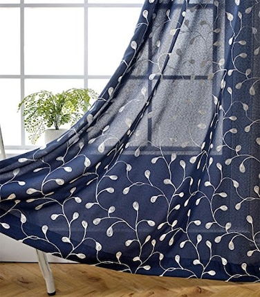 MIUCO Floral Embroidered Semi Sheer Curtains Faux Linen Grommet Curtains for Bedroom 52 x 84 Inch 2 Panels Navy Blue