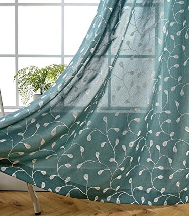 MIUCO Floral Embroidered Semi Sheer Curtains Faux Linen Grommet Window Panel Pair for Bedroom 52 x 63 Inch Teal