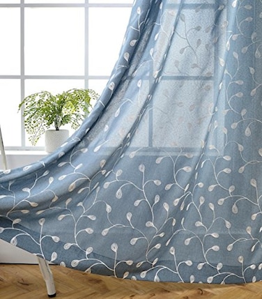 MIUCO Floral Embroidery Semi Sheer Curtains Faux Linen Grommet Curtains for Bedroom 52 x 63 Inch 2 Panels Dusty Blue