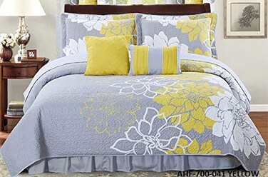 All American Collection New 6pc Flower Printed Reversible Bedspread Set with Dust Ruffle Queen Size YellowGrey
