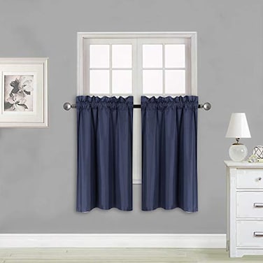 Elegant Home 2 Short Panels Tiers Small Window Treatment Curtain Blackout 28 W X 36 L Each for Kitchen Bathroom R5 Navy Blue