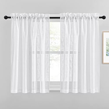 NICETOWN Faux Linen Sheer Curtains Privacy Semitransparent Light Filtering Semi Voile Sheer Drapes for Bathroom 52 Inch Width 45 Inch Length 1 Pair White