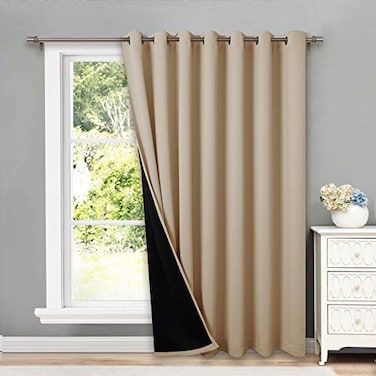 NICETOWN Thermal Insulated 100 Blackout Curtains Noise Reducing Performance Slider Curtain Panel with Black Lining Full Light Blocking Patio Door Drapery 1 PC 100inch x 84inch Biscotti Beige