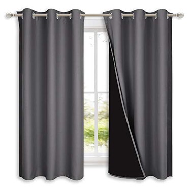 NICETOWN 100 Blackout Curtains with Black Liners Thermal Insulated Full Blackout 2Layer Lined Drapes Energy Efficiency Window Draperies for Bedroom 2 Panels 42 inches W by 63 inches L Grey