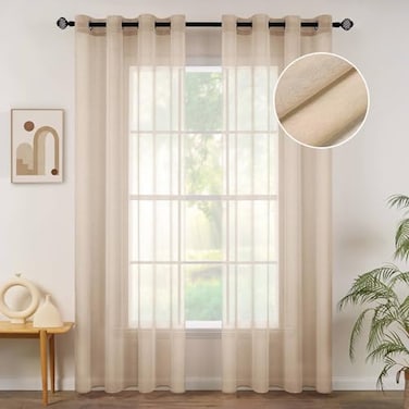 MIULEE 2 Panels Beige Semi Sheer Window Curtains Elegant Grommet Top Window Voile DrapesTreatment Linen Textured Panels for Bedroom Living Room 54X84 Inches