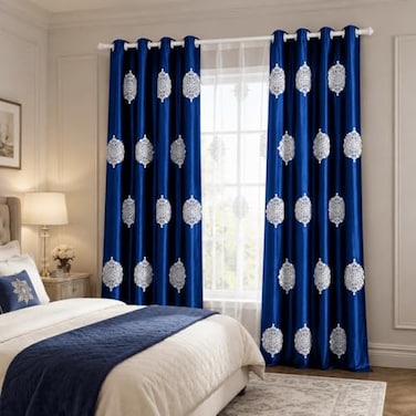 VOGOL Blackout Velvet Curtains 96 Inch White Floral Embroidered Room Darkening Drapes with Grommets 52x96 2 Panels Dark Blue