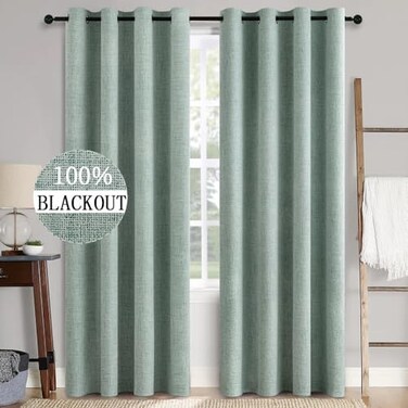MIULEE Linen Texture Curtains for Bedroom Solid 100 Blackout Thermal Insulated Seafoam Green Curtains Grommet Room Darkening Drapes for Living Room Nursery 52x96 Inch 2 Panels