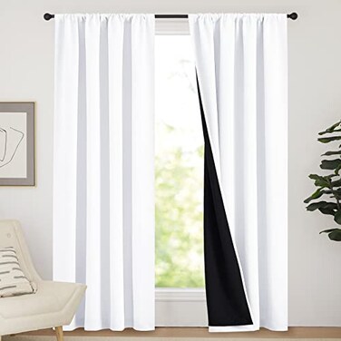 NICETOWN 100 Blackout Curtain Panels Rod Pocket Window Curtains with Black Liner for Nursery 84 inches Drop Cold and Full Light Blocking Draperies White 2 Pieces 52 inches Wide Each Panel