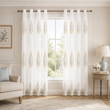 VOGOL Embroidered Sheer Curtains 84 inches Long Grommet Window Treatment Voile Panel Drape for Living Room Kichen Two Panels W54 x L84 inch