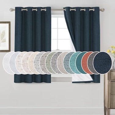 PrinceDeco 100 Blackout Curtains 54 Long for Dining Room Soundproof Window Treatment Drapes for Nursery Thermal Insulated with White Liner Short Textured Grommets Curtains 2 Panels SetNavy