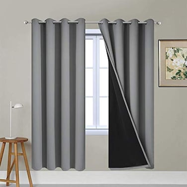 Yakamok Gray Full Shading Curtain Panels for Windows 2 Thick Layers Thermal Insulated Drapes with Black Liner for Living Room52Wx72L Grey 2 Panels