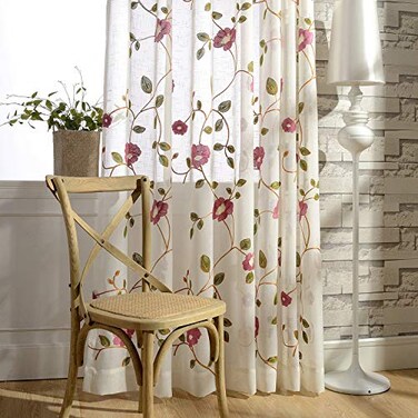 VOGOL Sheer Curtains 96 Inches Long Red Floral Embroidered Semi Sheer Rod Pocket Curtains for Living RoomBedroom W52 X L96 2 Pieces