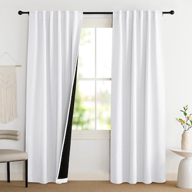 NICETOWN 100 Blackout Window Curtain Panels Cold and Full Light Blocking Drapes with Black Liner for Nursery 84 Inches Drop Thermal Insulated Draperies Pure White 2 Pieces 52 inches Wide