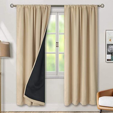 BGment Thermal Insulated 100 Blackout Curtains for Bedroom with Black Liner Double Layer Full Room Darkening Noise Reducing Rod Pocket Curtain 52 x 84 Inch Beige 2 Panels