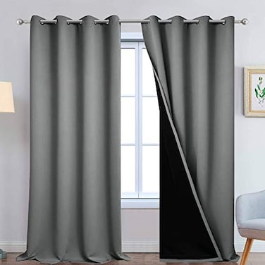 Yakamok Gray 100 Blackout Curtains Energy Saving Thermal Insulated 2 Thick Layers Completely Blackout Drapes with Black Liner for Bedroom 52Wx108L Grey 2 Panels