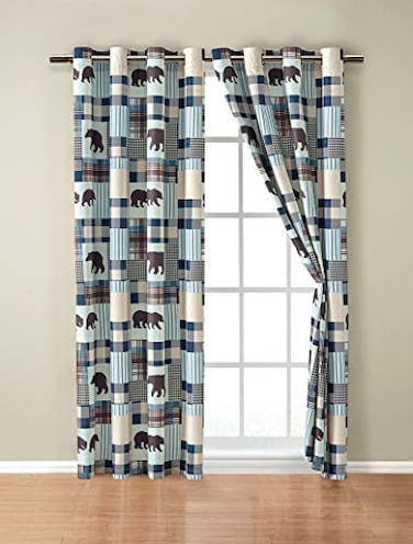 Rugs 4 Rustic Modern Farmhouse Cabin Lodge Window Treatment Grommet Curtain Set with Patchwork of Grizzly Bears and Buffalo Plaid Check Patterns Beige Blue Curtain Set Western 2