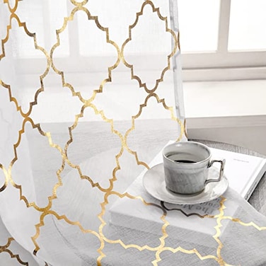 Kotile Gold and White Sheer Curtains 45 Inch Length 2 Panels Set Metallic Moroccan Ogee Print Sheer Kitchen Curtains Rod Pocket Light Filtering Privacy Short Sheer Window Curtains W52 x L45 Inch