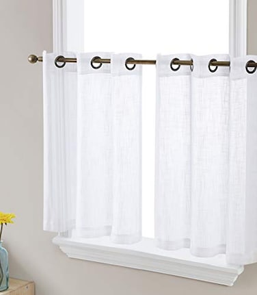 HLC.ME HLCME Abbey Faux Linen Textured Semi Sheer Privacy Light Filtering Transparent Grommet Short Thick Cafe Curtain Tiers for Small Windows Kitchen Bathroom Set of 2 35 W x 36 L White