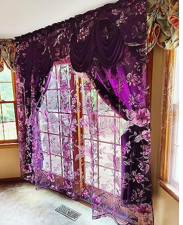 GOHD GOLDEN GOHD Roman Romance BurntOut Printed Organza Window Curtain Panel Drape with Attached Fancy Valance and Taffeta Backing Purple 55 x 84 inches Attached Valance x 2pcs