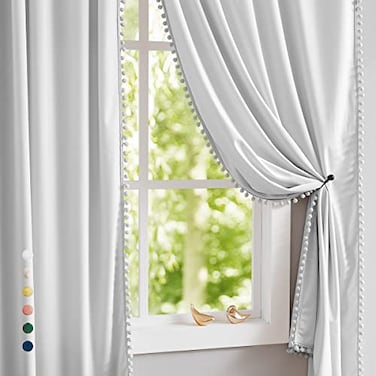 Treatmentex PomPom Grey Velvet Curtains for Living Room 63 Luxury Room Darkening Cotton Feel Soft Soft Gray Window Curtain Panels 2PC