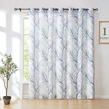 FMFUNCTEX White Blue Sliding Door Curtain 96 Inches Long Tree Branch Semi Sheer Patio Glass Door Panel for Large Windows Living Room Linen Texture Curtain Drapes for Privacy 1Panel