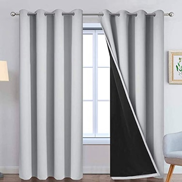 Yakamok 100 Blackout Window Curtain Panels Heat and Full Light Blocking Drapes with Black Liner for NurseryThermal Insulated Draperies Light Grey 2 Pieces 52Wx96L