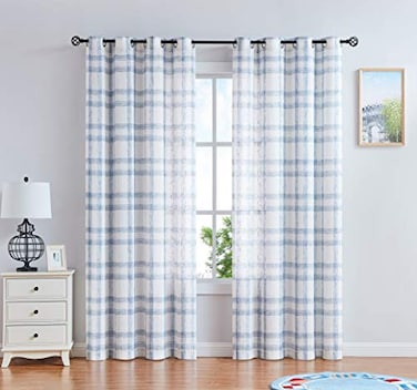 Randall Modern Geometric Curtain Panels Pair Soft Touch Light Filtering Blue semiSheer LinenLook Drape with Nickel Grommet TopRustic Farmhouse Style for Living Room95 inch2 Panels