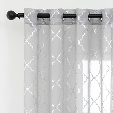 Kotile Silver Sheer Curtains 95 Inches Long 2 Panels Metallic Moroccan Ogee Pattern Silver Grey Sheer Curtains for Living Room Grommet Light Filtering Privacy Sheer Window Curtains W52 x L95 Inch