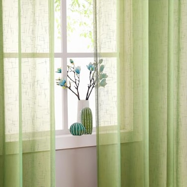Randall Light Green Faux Linen Sheer Curtain with 8 Metal Grommets Open Weave Window Treatment Drape for Living Room BedroomModern Privacy Light Filtering Light Drapes Curtains 2 Panels 84Inch