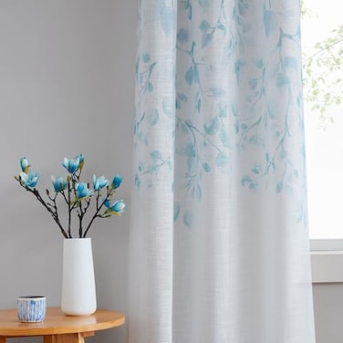 Central Park Leaf Floral Print Metallic Sheer Linen Window Curtain Panel for Rustic Living RoomBedroom Sparkling Decorative 6 Grommets Top Drape Panels Farmhouse Curtains Teal Blue40 x 63x2 2 PK