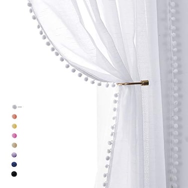 Treatmentex Pompom Sheer White Curtains for Living Room Kids Room 72 Window Voile Drapes Slub Linen Texture Bedroom Curtains 2 Pack Rod Pocket