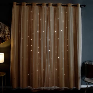 Kinryb Elegant Double Layer Star Cutout Blackout Curtains Sheer Overlay Grommet Top Yellow 52x84 Inches Flowing Fit for Tall Windows Statement Walls