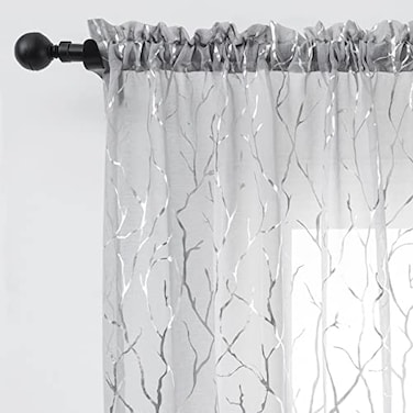 FINECITY Sheer Grey Curtains Silver Tree Branch Printed Artistic Branches Pattern Rod Pocket Sheer Privacy Voile Drapes 72 Inch Length for Bedroom 52 x 72 Inch 2 Panels