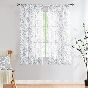 Treatmentex White Grey Leaf Sheer Curtains for Bedroom 63 SemiSheer Print Leaves Pattern Curtains for Living Room Rustic Linen Textured Window Draperies for Parlor Apartment Dorm Rod Pocket Set of 2